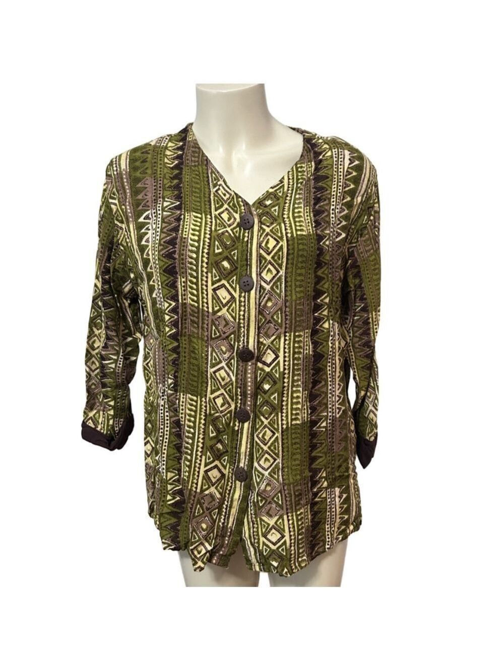 Rosey Tomato Green Brown Geometric Button-Front Blouse Size L